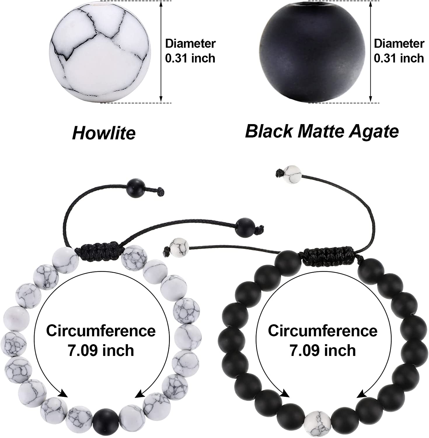 BBTO Howlite Bracelet Black Matte Agate Bracelet Couples Bracelet Distance Bracelet Energy Beads Bracelet for Valentine's Day Present - Image 2